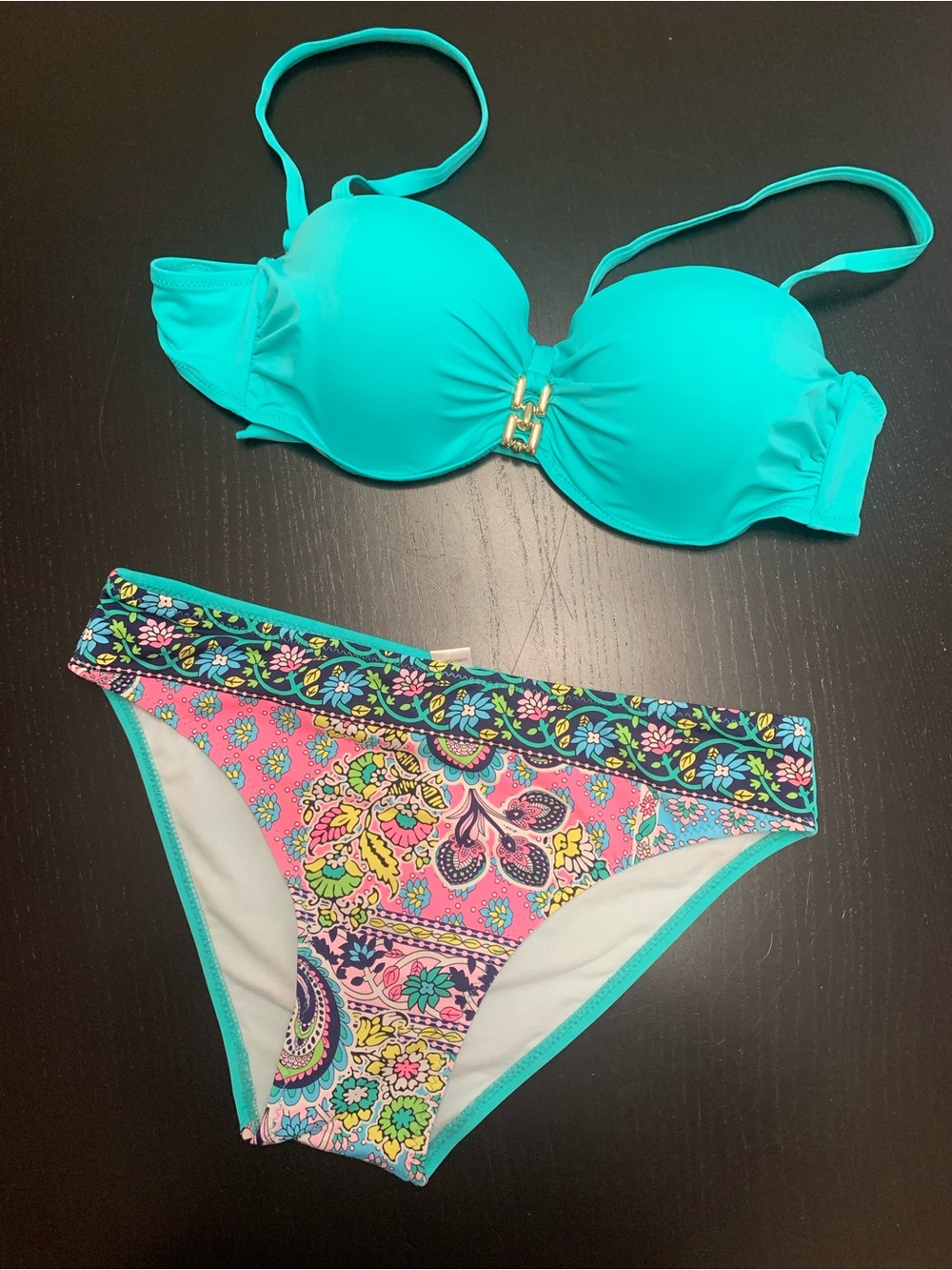 Turquoise Push-Up Bikini Set with Pink Floral Paisley Bottom - Women Swim